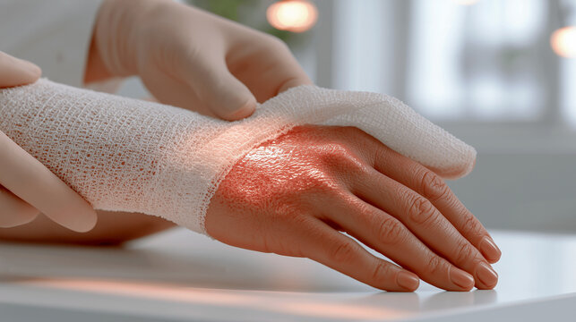 Surgeon treats patient hand with artificial skin graft and bandage in clinic. Bioengineered tissue for burn recovery, wound regeneration, and reconstructive medicine.