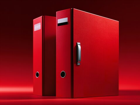 Two vibrant red office binders are positioned upright on a matching red surface creating a bold and minimalist monochromatic studio composition with sharp lighting