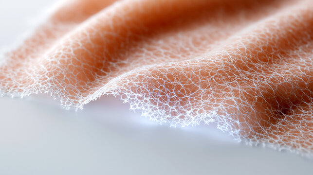 Extreme macro of bioengineered artificial skin scaffold with intricate cellular mesh structure. Transparent tissue layer for wound transplantation, regeneration, and reconstructive medicine.