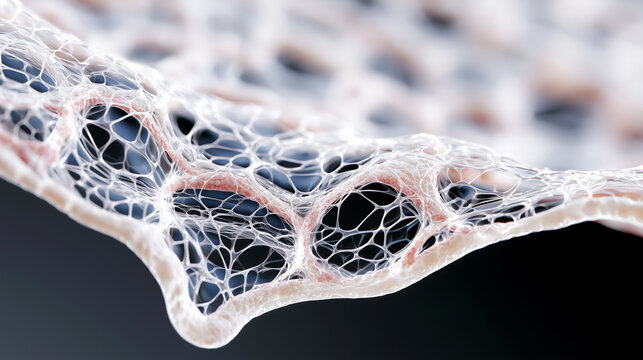Extreme macro of artificial skin scaffold revealing porous cellular mesh structure. Bioengineered tissue matrix for wound transplantation, regeneration, and reconstructive medicine.