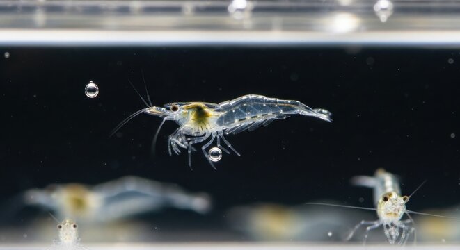 Clear Freshwater Shrimp Swimming in Water with Bubbles