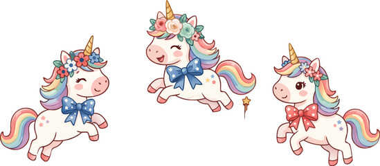 Obraz premium Three cute cartoon unicorns with colorful manes and bows