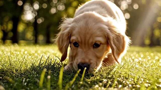 Golden retriever puppy with bright adorable eyes explores the lush green grassy park during a sunlit morning, demonstrating pure joy and innocent curiosity amidst nature's vibrant splendor