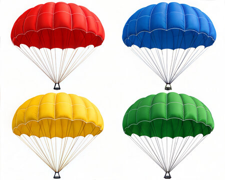 Colorful parachutes in red, blue, yellow, and green isolated on white background