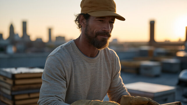 Urban rooftop beekeeper harvesting honeycomb frames above city skyline at golden hour, protective gloves on, hive boxes arranged on tar roof, towers in distance, sustainable urban agriculture and po