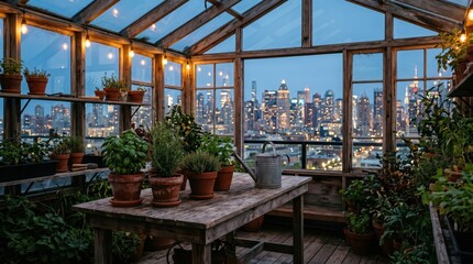 Fototapeta premium Rooftop greenhouse filled with potted plants overlooking city skyline