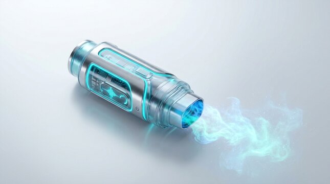 Futuristic glowing energy capsule emitting blue smoke, sci-fi concept
