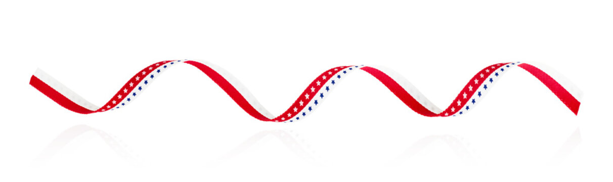 Wavy American patriotic ribbon in red, white and blue colors with stars and stripes, isolated on white background. Decorative holiday symbol for Independence, Memorial, Veterans, labor or voting day