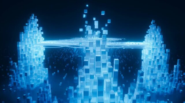 A mesmerizing abstract composition features a field of glowing blue cubes emerging from a dark, expansive background, creating a sense of depth and futuristic technology.