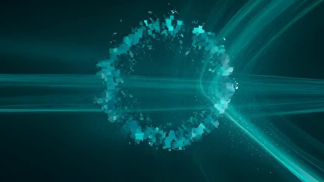 Abstract virus hack line music technology digital background with teal glow, particle ring, data flow, futuristic dark space concept