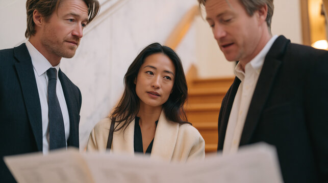 Multicultural securities fraud investigation team debriefing around portable whiteboard in temporary task force office, financial crime enforcement, interagency collaboration, regulatory investigati