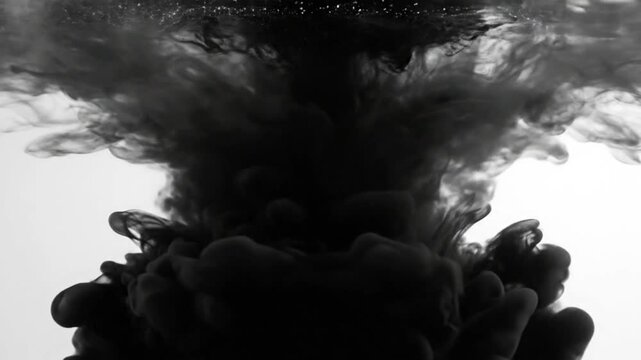 Black ink dissolving and mixing in water creating a beautiful smokey and cloudy effect against a clean background