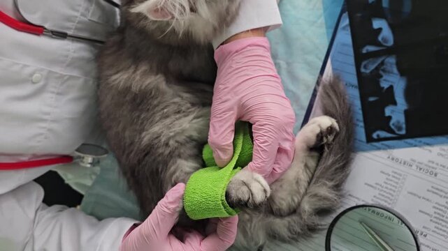 Veterinarian treats cat with bandage after examination at clinic in during the day
