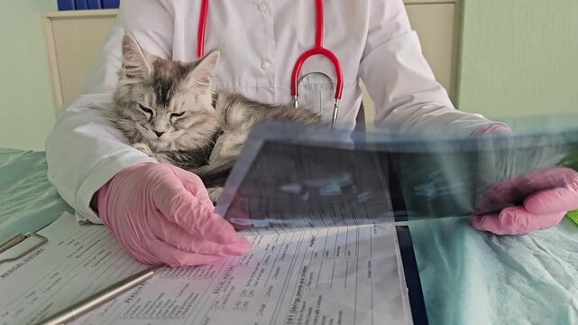 Cat receives care at vet clinic with x-ray examination to check health and well-being of furry patient