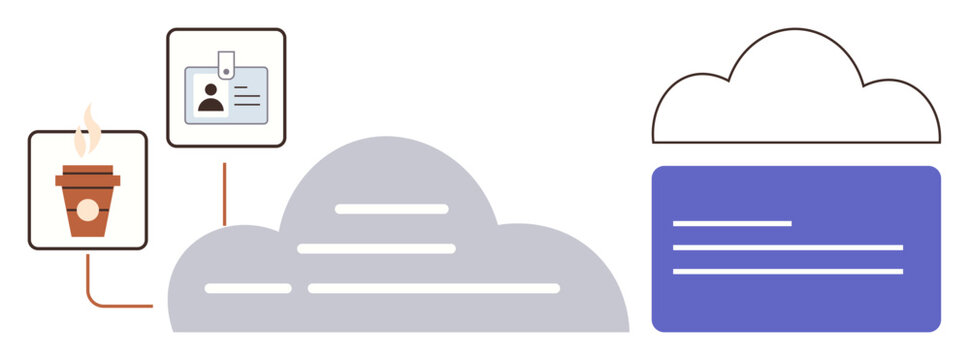 Cloud storage, digital identity, remote work, data management, workflow organization, connectivity. Coffee cup, ID card and cloud icons. Cloud storage and digital identity