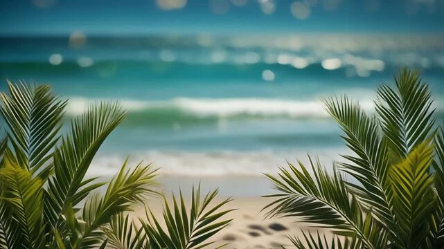 Tropical Beach with Palm Leaves Generative AI