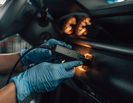 OBD-II scanner plugging into vehicle diagnostic port beneath dashboard