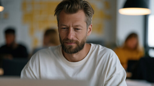 AI search engine product manager reviewing user intent clustering visualization on laptop during standup meeting, post-it covered wall behind team, afternoon light, SEO taxonomy and AI search evolut