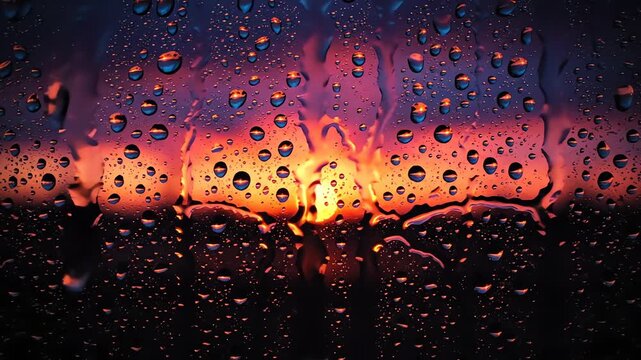 Raindrops on glass window at dusk with vibrant purple sky