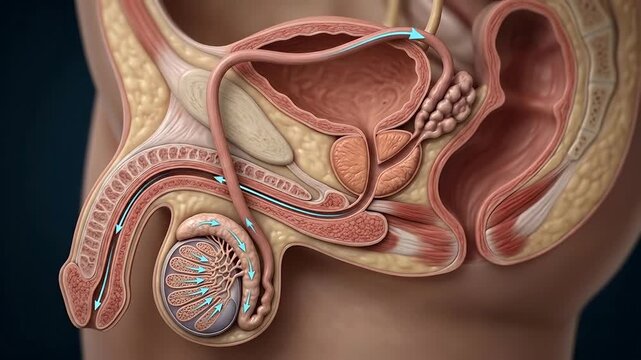 Reproductive system flow: sperm navigation, male development, internal anatomy, body process, gamete journey, human view, testis structure, organ network.