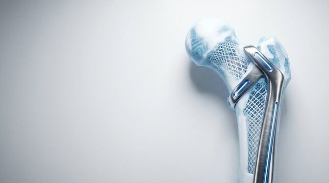Futuristic hip implant technology fused with a human femur bone structure, medical innovation