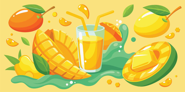 A vibrant vector illustration of ripe mangoes, mango slices, and a glass of fresh mango juice 