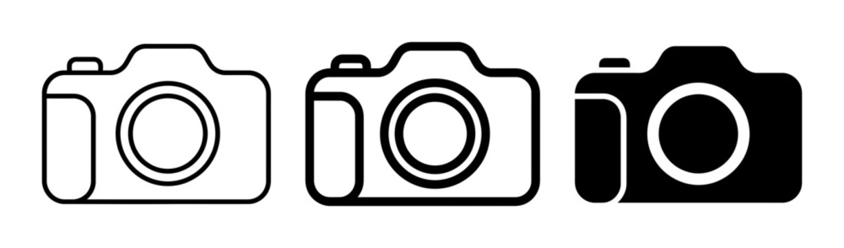 Camera Icons Set, Photography Symbols, Digital Camera Graphics, Simple Line Art, Black and White