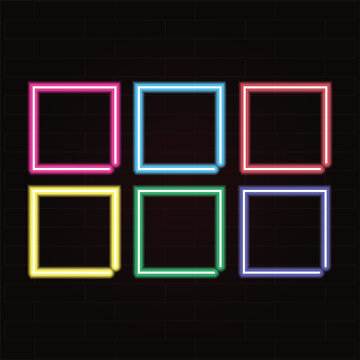 Neon square frames set on black brick wall background, glowing colorful light box borders, vibrant electric geometric frames for signage and advertising
