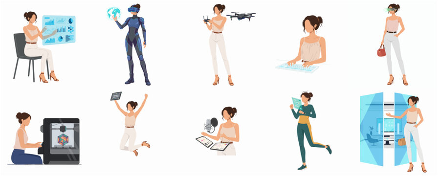 Modern Woman and High-Tech Future Gadgets Vector Illustration Set Featuring VR, AR, 3D Printing, Drones, and Holographic Interfaces for Work and Lifestyle