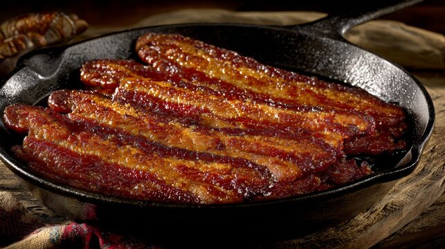 Crispy Bacon Strips Sizzling in a Cast Iron Skillet