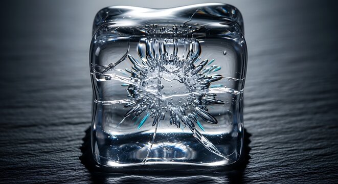 Single clear ice cube with internal cracks on a black stone surface