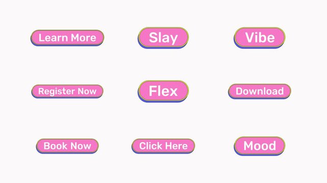 Social media cute pink buttons animation set with click reaction. Website register now. Learn more option. Slay vibe. Rounded cartoon micro interactions UI. Animated kawaii CTA elements collection