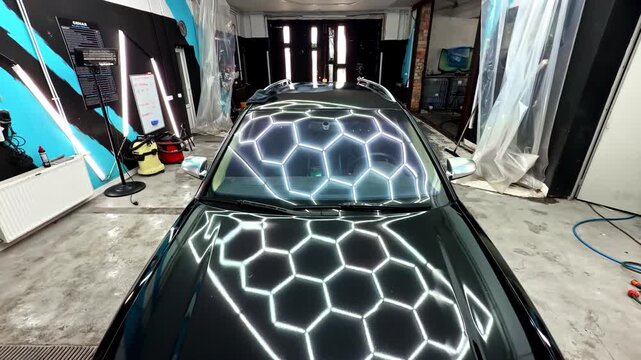 Hexagonal Lights Reflecting On Glossy Exterior Of Black Car Undergoing Detailing Work At Workshop. high angle, tilt-up shot