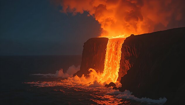 Volcanic Lava Firehose Cliff Waterfall Ocean Entry Steam Night Dramatic
