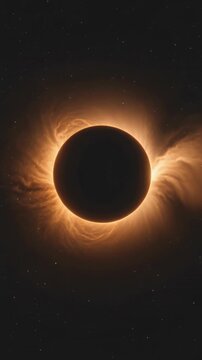 Complete solar eclipse phenomenon showcasing a radiant corona glowing against deep dark space, aligned for astronomical science broadcasts.