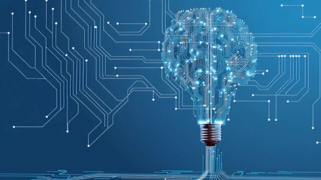 A blue background, featuring circuit patterns of an AI chip connected with a surreal tech of an idea bulb and a human brain silhouette 