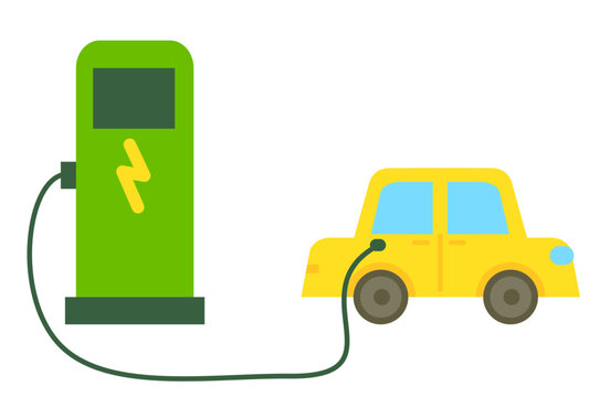 Modern electric Car connected to a charging station.Electric vehicle with a plug in cable. on ev station.Ev Car charger.Eco-friendly.Green Energy.Sustainable Transport.Cartoon vector illustration.