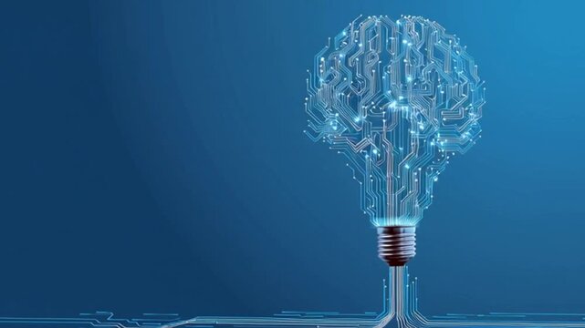 A blue background, featuring circuit patterns of an AI chip connected with a surreal tech of an idea bulb and a human brain silhouette 