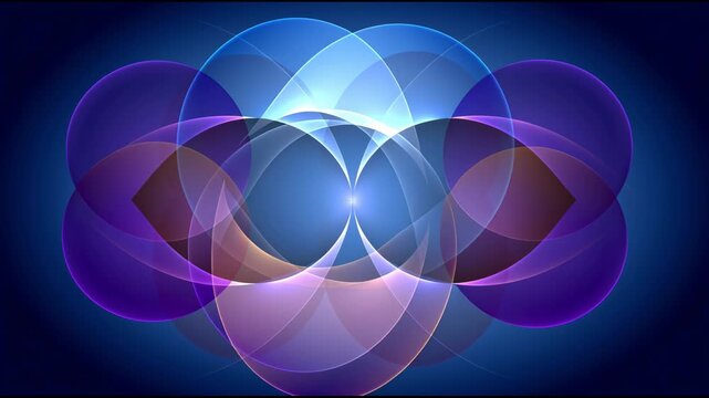 Abstract background with semi-transparent intersecting circles and oval shapes in blue-violet and pink shades on a dark background.