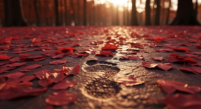 Single human footprint on a forest path covered with fallen autumn leaves
