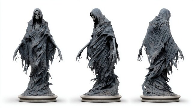 Detailed sculpture of a grim reaper figure with tattered robes and skeletal features