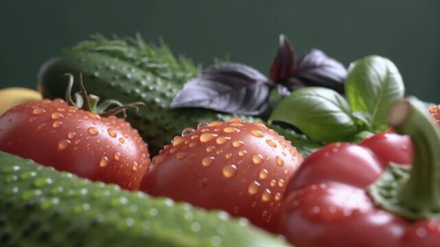Macro view of vibrant red tomatoes alongside crisp bell peppers adorned with fresh moisture droplets, well-suited for organic culinary advertising.