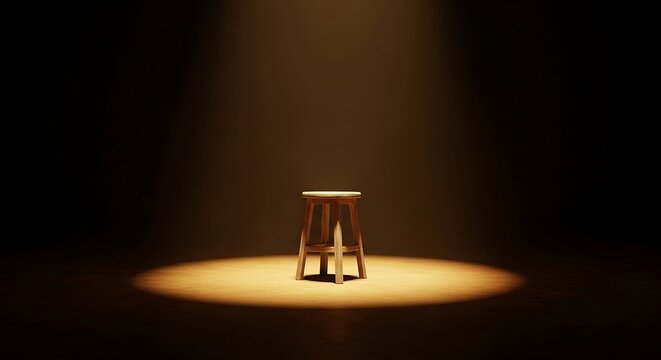 Single wooden stool centered in a dark room under a bright spotlight