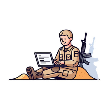 A soldier in uniform sits on the sand using a portable computer