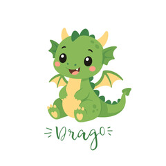 Fototapeta premium Cute kawaii dragon illustration with pastel colors and hand lettering. Perfect for nursery decor, baby products, stickers and kids prints.