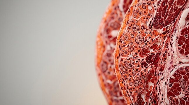 Abstract microscopic view of biological tissue with intricate cellular structures and vibrant red hues, concept of science and health