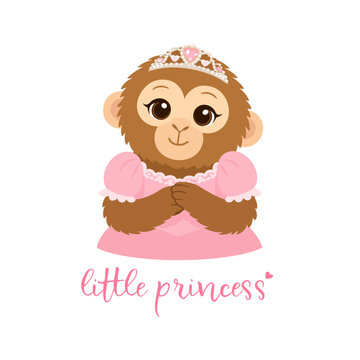 Adorable little princess monkey wearing a pink dress and sparkling tiara. Cute cartoon illustration perfect for nursery decor, stickers, baby products and kids designs.