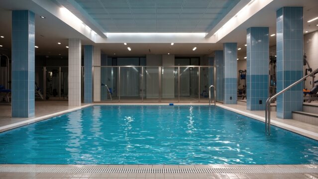 Indoor lap pool with tiled columns in fitness center interior
