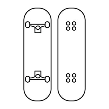 Top and bottom view of a complete skateboard with graphic artwork, wheels, trucks, and black griptape isolated on a white background, vector line