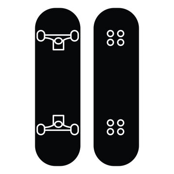 Top and bottom view of a complete skateboard with graphic artwork, wheels, trucks, and black griptape isolated on a white background, vector black